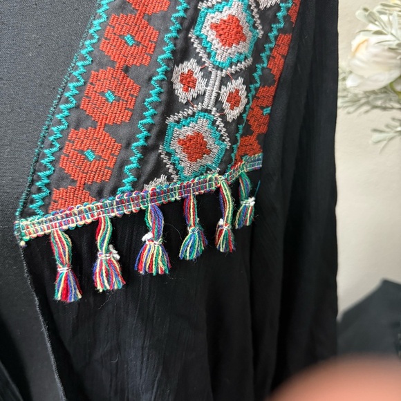 Lilypad Boho Kimono Cardigan | Black Tassel Trim Embroidered Festival Jacket - Picture 2 of 7